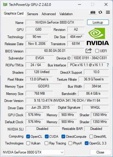EVGA NVIDIA GeForce 8800GTX 768MB PCIE %