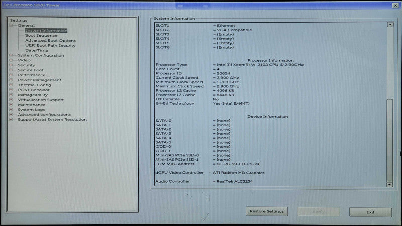 Dell Precision T5820, Xeon W-2102 2.90GHz, 16GB DDR4, No GPU/HDD, 425W PSU