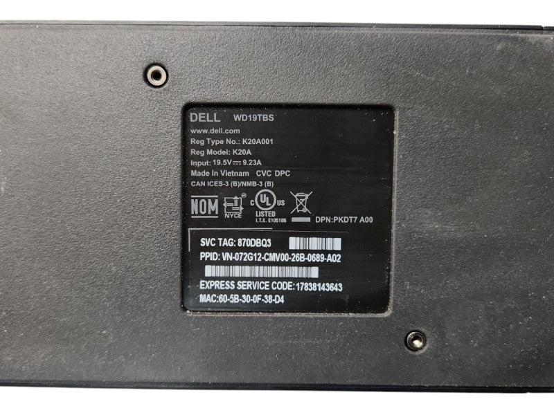 Dell WD19TBS K20A001 Thunderbolt DP HDMI Docking Station w/ 180W AC Adapter