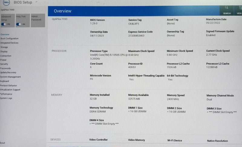 Dell OptiPlex 7090 SFF Intel i5-10505 CPU 3.20 GHz 32GB RAM - NO HDD