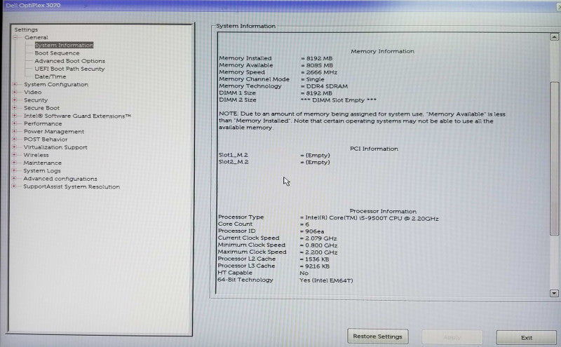 Dell OptiPlex 3070 USFF Intel i5-9500T CPU 2.20GHz 8GB RAM - NO HDD