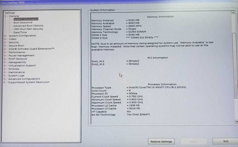 Dell OptiPlex 7070 USFF Intel i5-9500T CPU 2.20GHz 8GB RAM - NO HDD