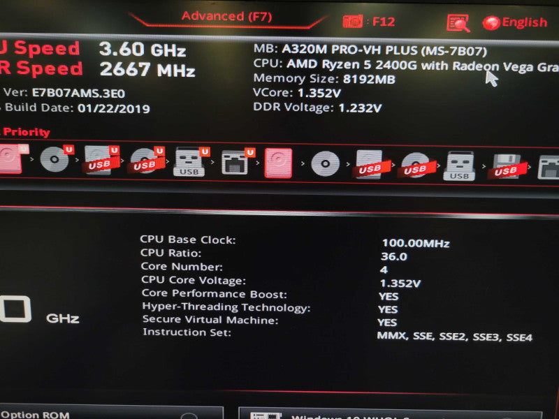 AMD RYZEN 5 2400G MSI A320M PRO-VH PLUS 8GB DDR4 + I/O Plate %