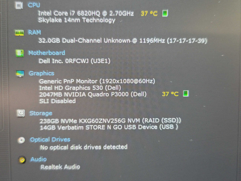 Dell Precision 7720 i7 6820HQ 32GB DDR4 Quadro P3000 256GB SSD  Qβ Lap200