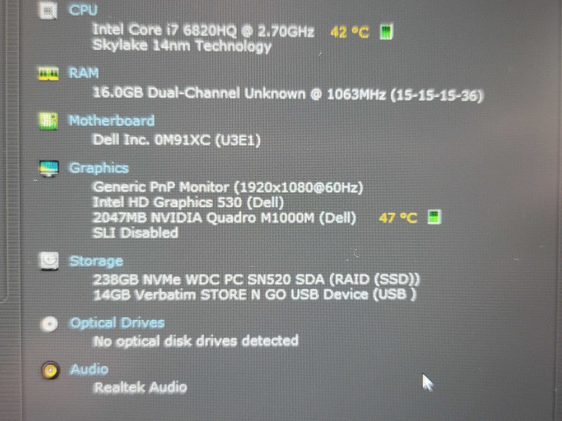Dell Precision 7510 i7 6820HQ 16GB DDR4 Quadro M1000 256GB SSD NO BATTERY  β BudLap