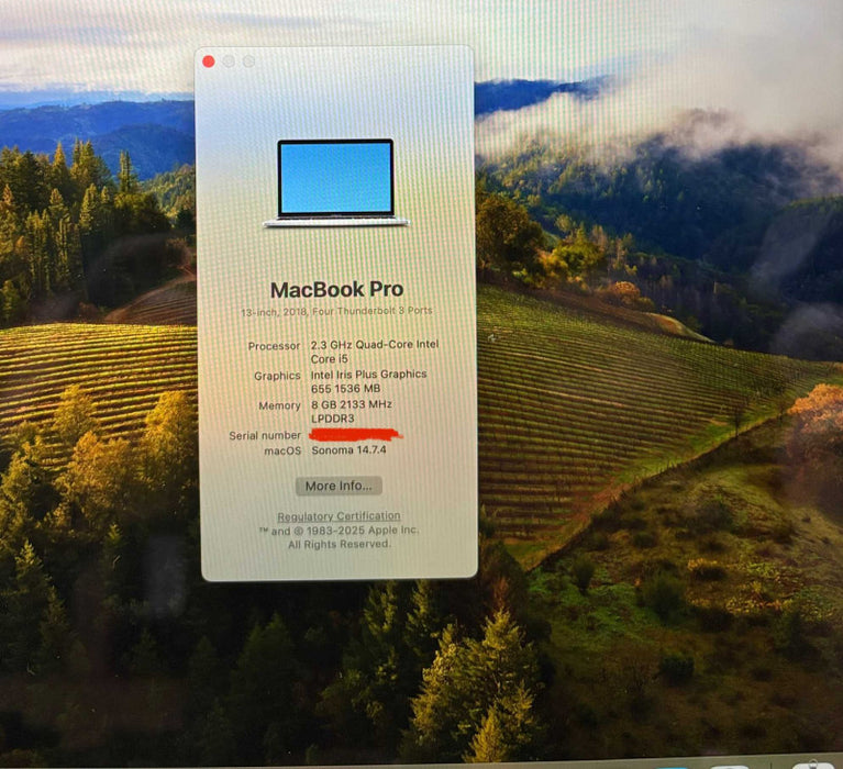 Apple MacBook Pro 2018 13" Touch Bar i5-8259U 8GB 256SSD No Power Adapter