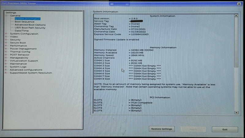 Dell Precision 5820 Tower, Xeon W-2223 3.60GHz 4C, 16GB DDR4, P400 Q