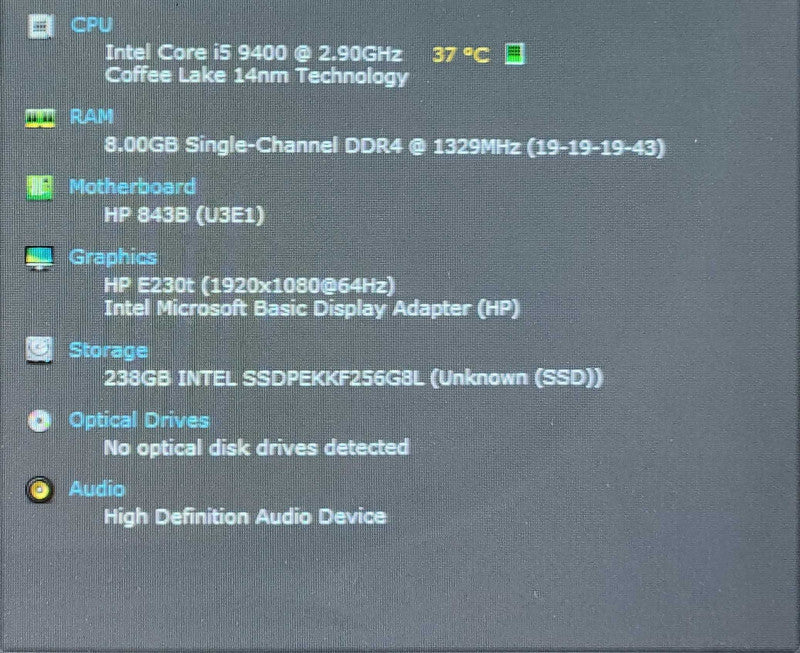 HP Pavilion Desktop 595-p0xxx, i5-9400 2.90GHz, 8GB DDR4, 256GB NVMe