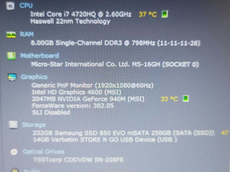 MSI MS16GH i7 4720HQ 8GB DDR3 940M 256GB SSD FOR PARTS/REPAIR  β BudLap