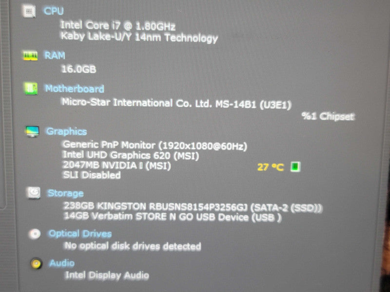 MSI Modern 14 i7 8550U 16GB RAM MX150 256GB SSD READ β Lap200