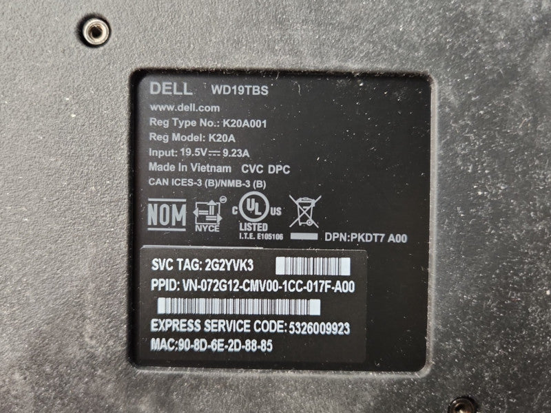 Dell WD19TBS Thunderbolt K20A USB-C Docking Station