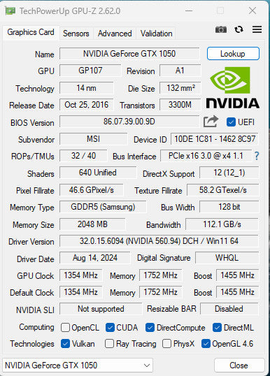 MSI NVIDIA GTX 1050 2GB GDDR5 Low Profile Graphic Card Q