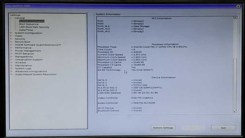 DELL OptiPlex 7080 SFF PC Intel Core i7-10700 16GB RAM 256GB NVMe No OS