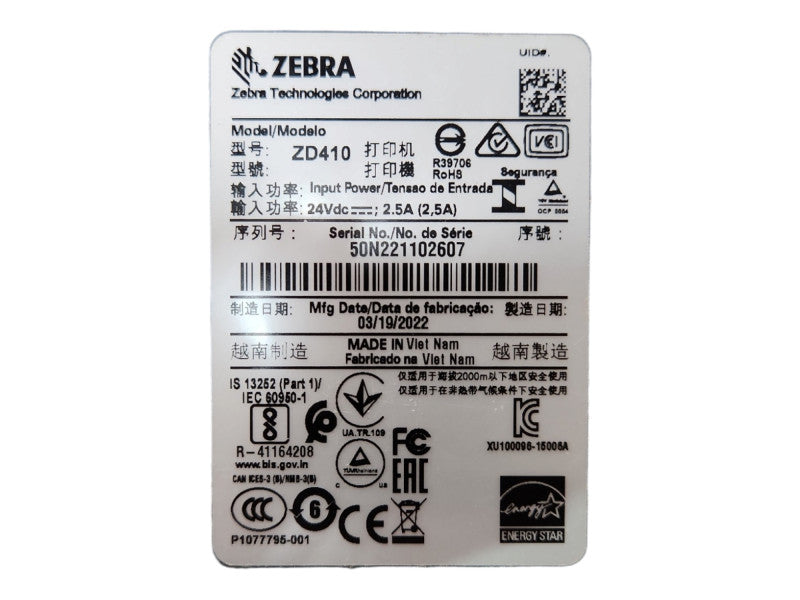 Zebra ZD410 Direct Thermal Label Printer USB Bluetooth w/ AC Adapter