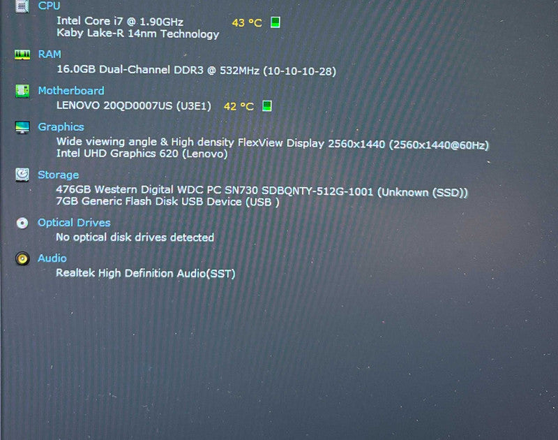 Lenovo ThinkPad X1 Carbon i7-8665U@1.9GHz QHD LCD 16GB RAM 512GB SSD  Lap200