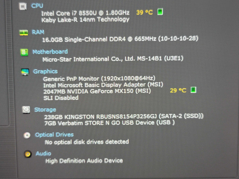 MSI Prestige 14 i7 8550U 16GB DDR4 MX150 256GB SSD  β Lap200
