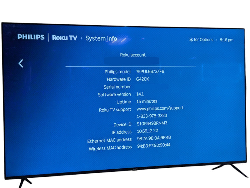 Philips Roku TV Model 75PUL6673/F6 75 inch 4K UHD  -