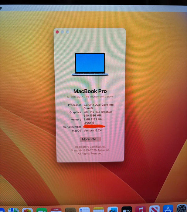 Apple MacBook Pro 13" 2017 i5-7360U 8GB 256SSD Battery Service Recommended