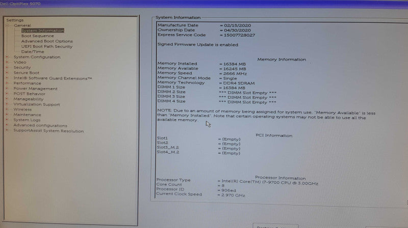 Dell Optiplex 5070 SFF intel i7-9700 CPU 3.00 GHz 16 GB RAM - NO HDD Q