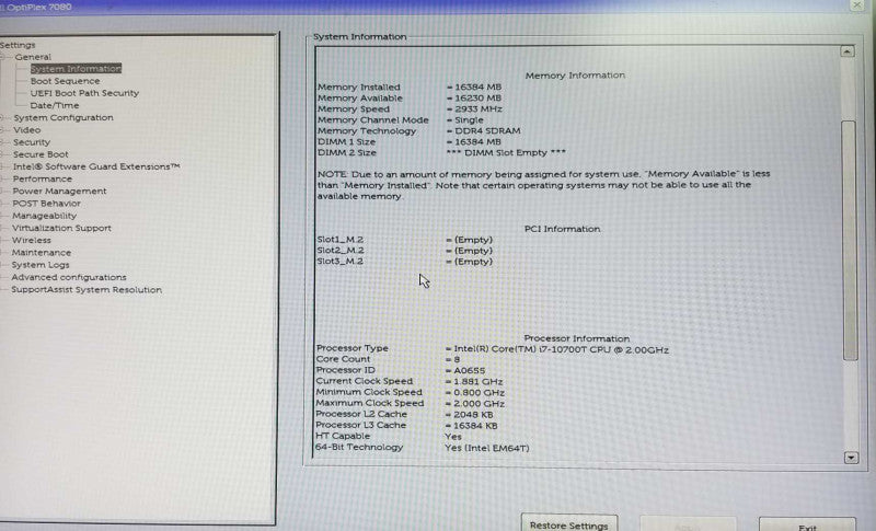 Dell OptiPlex 7080 USFF Intel i7-10700T CPU 2.0GHz 16GB RAM - NO HDD Q