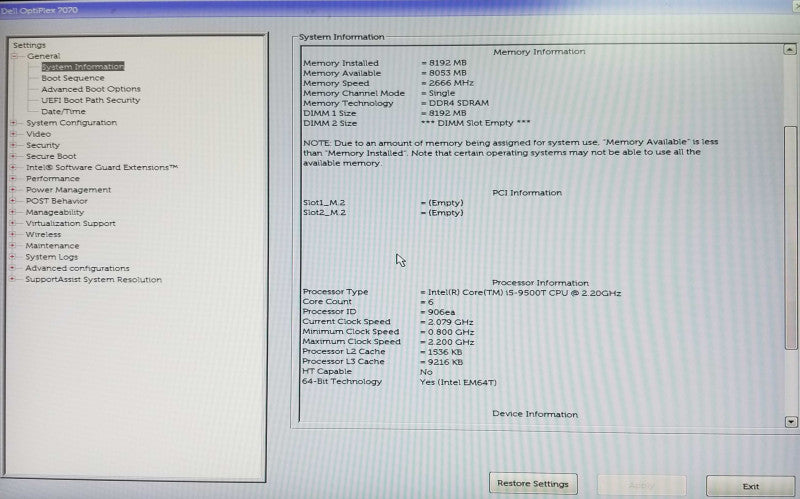 Dell OptiPlex 7070 USFF Intel i5-9500T CPU 2.20GHz 8GB RAM - NO HDD Q