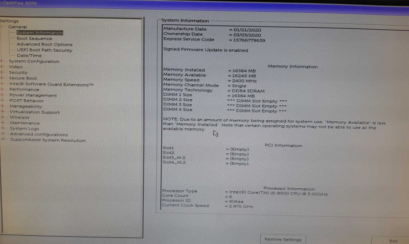 Dell Optiplex 5070 SFF Intel i5-9500 CPU 3.00 GHz 16GB RAM - NO HDD Q