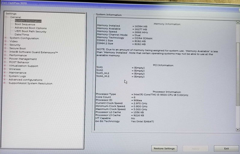 Dell Optiplex 3070 SFF Intel i5-9500 CPU 3.00GHz 16GB RAM - NO HDD Q