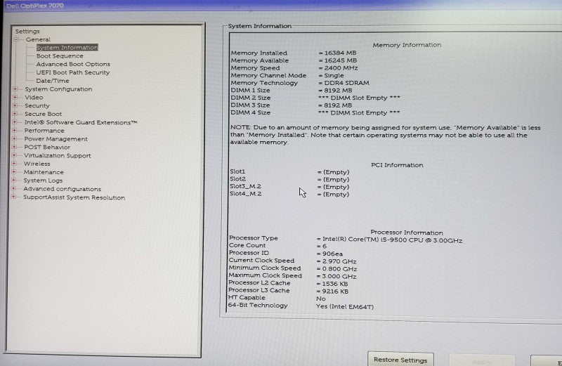 Dell Optiplex 7070 SFF Intel i5-9500 CPU 3.00GHz 16GB RAM - NO HDD Q