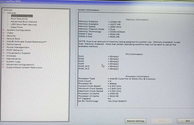 Dell OptiPlex 3070 Tower Intel i5-9500 CPU 3.00 GHz 16GB RAM - NO HDD Q