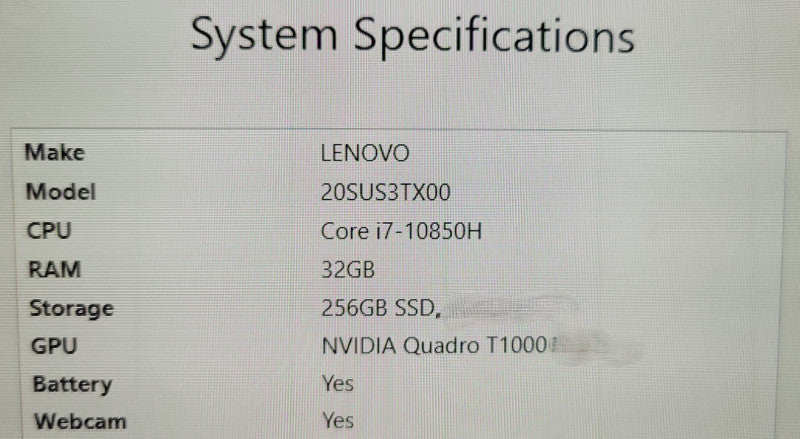 Lenovo ThinkPad P15 G1 - Core i7-10850H 32GB DDR4 256GB NVMe QUADRO T1000 Q % Lap200