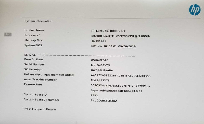 HP EliteDesk 800 G5 SFF Intel i7-9700 CPU 3.00GHz 16GB RAM - NO HDD
