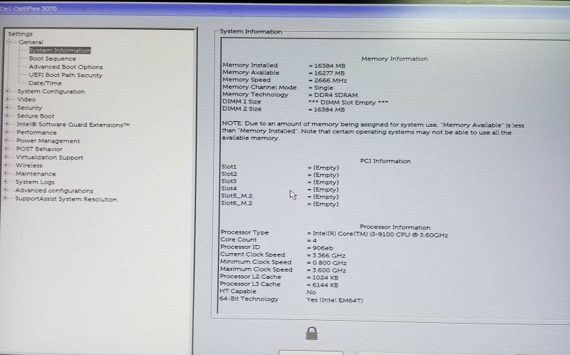 Dell Optiplex 3070 SFF Intel i3-9100 CPU 3.60GHz 16GB RAM - NO HDD Q