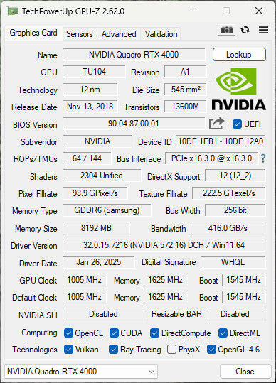 NVIDIA Quadro RTX 4000 8GB GDDR6 Graphic Cards - 3x Display Port