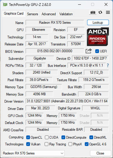 GIGABYTE AMD RADEON RX570 4GB PCIE %
