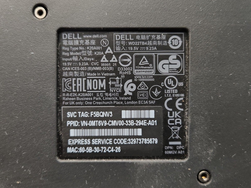 DELL WD22TB4 K20A Universal USB-C Thunderbolt 4 Docking Station 180W Power