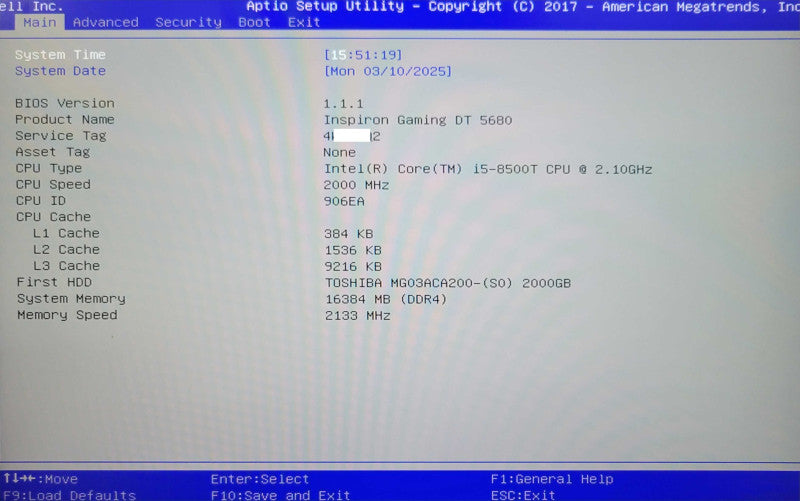 Dell Inspiron Gaming DT 5680, Core I5-8500T 2.10GHz, 16GB DDR4, 2TB HDD _