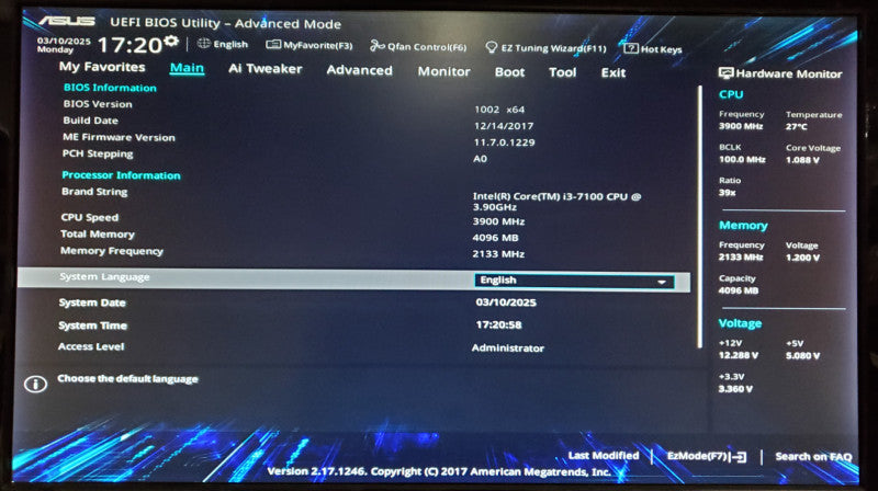 ASUS Prime H270M-PLUS Motherboard Core i3-7100 4GB RAM + I/O Shield