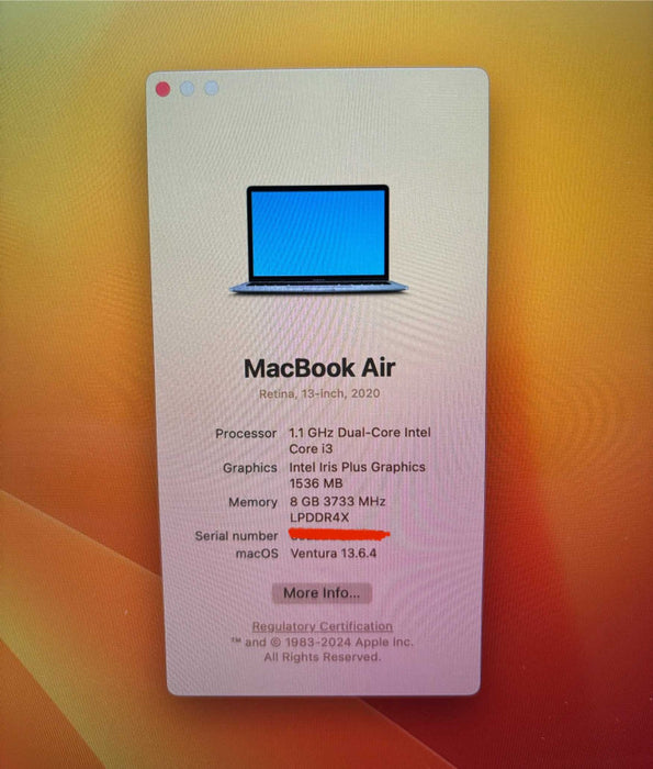 Apple MacBook Air 13" 2020 i3-1000NG4 8GB 256SSD No Power Adapter