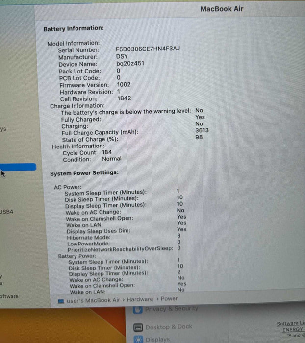 Apple MacBook Air 13" 2020 i3-1000NG4 8GB 256SSD No Power Adapter