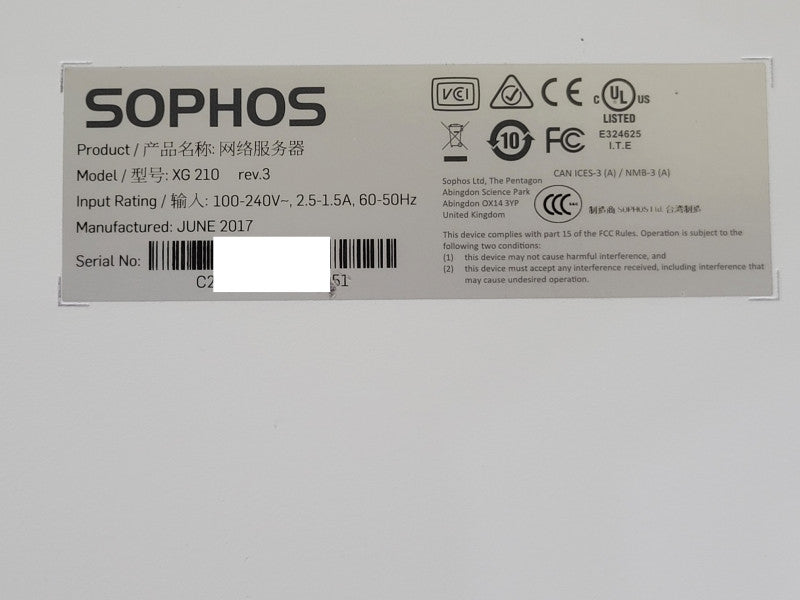 Sophos XG 210 Rev.3 Network Firewall Security Appliance Rack Mountable, SEE _