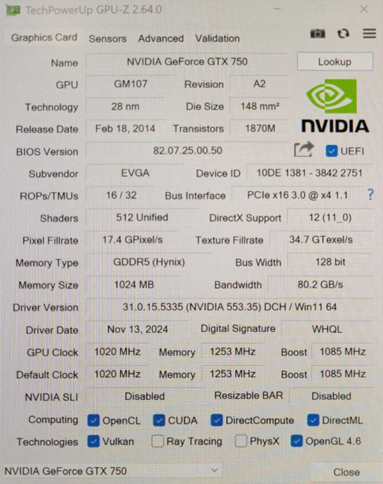 EVGA GeForce GTX 750 1GB GDDR5 Graphics card _