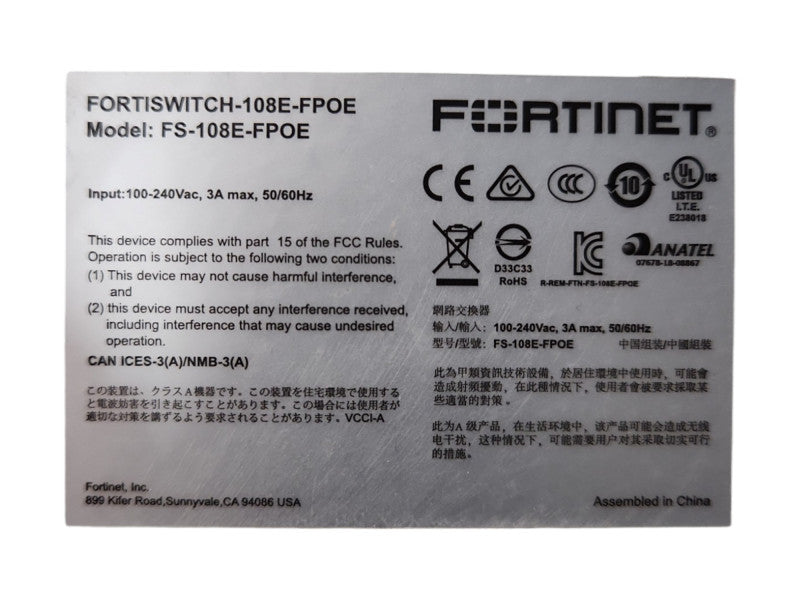 Fortinet Fortiswitch FS-108E-POE, 8-Port Gigabit w/ 2x SFP Network Switch