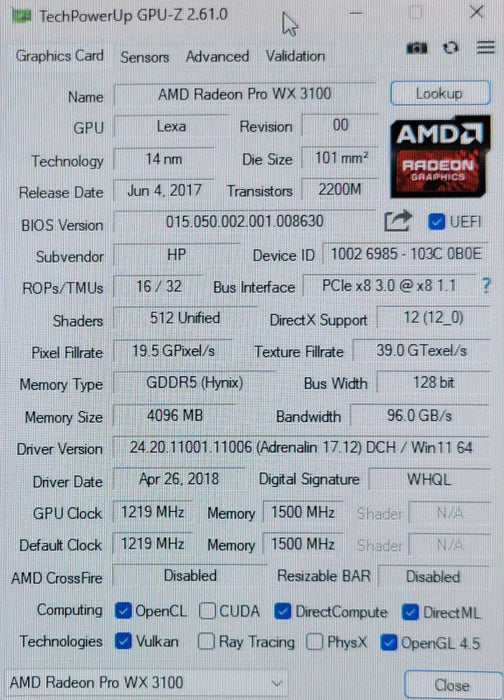AMD Radeon Pro WX 3100 4GB GDDR5 Mini DP/DP Graphics Card _