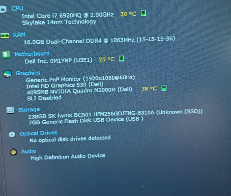 Dell Precision 7510 i7-6920HQ@2.9GHz QUADRO M2000M 4GB GPU 16GB RAM 256SSD  READ Lap200