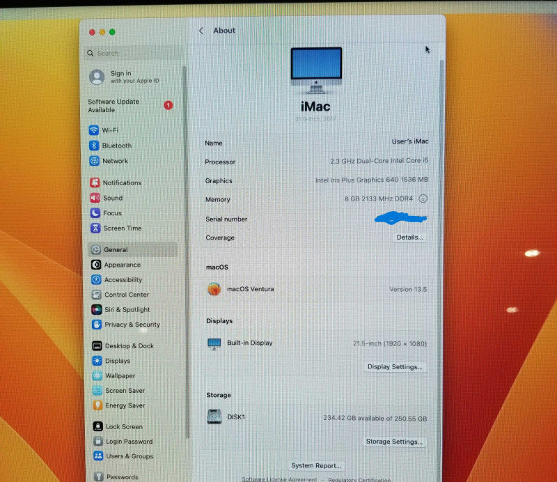 Apple iMac 21.5", 2017 Intel core i5 2.3GHz  8GB RAM - 250GB