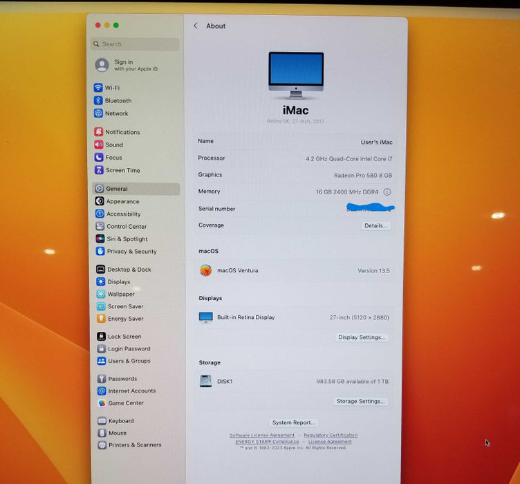 Apple iMac Retina 27", 2017 Intel core i7 4.2GHz 16GB RAM - 1 TB