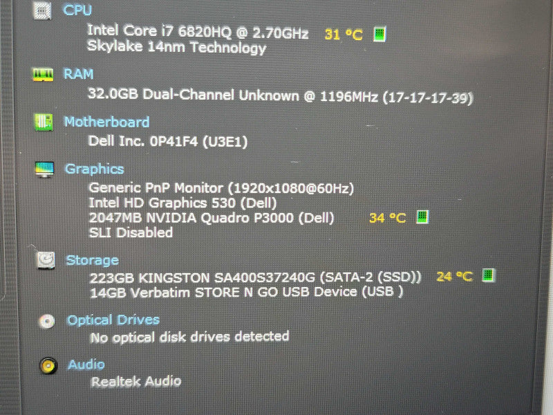 Dell Precision 7720 i7-6820HQ 32GB DDR4 Quadro P3000 240GB SSD NO BATTERY  β Lap200