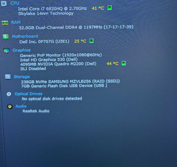Dell Precision 7520 i7-6820HQ@2.7GHz QUADRO M2200 4GB GPU 32GB 256SSD READ!  Lap200