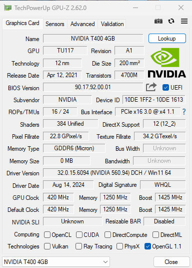 Nvidia T400 4GB Graphics Card - 3x Mini DisplayPort