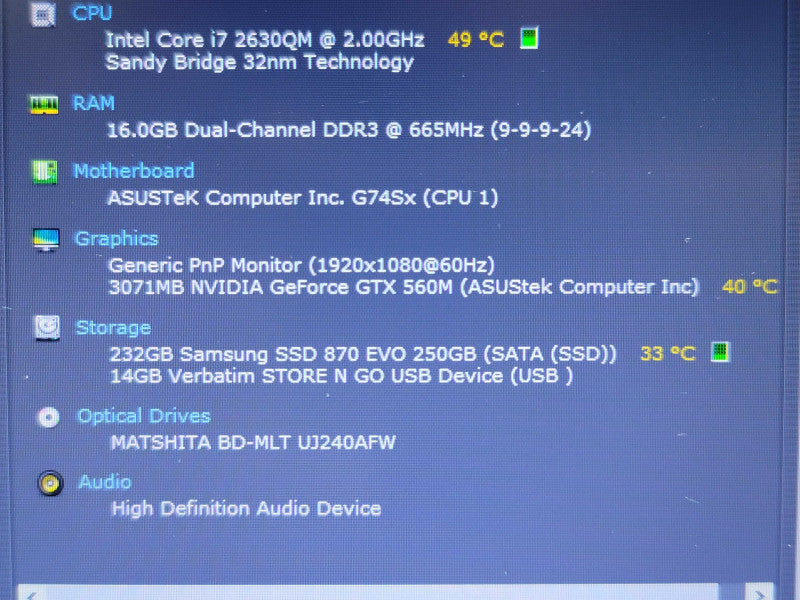 ASUS ROG G74S i7 2630QM 16GB DDR3 GTX 560M 250GB SSD READ β BudLap